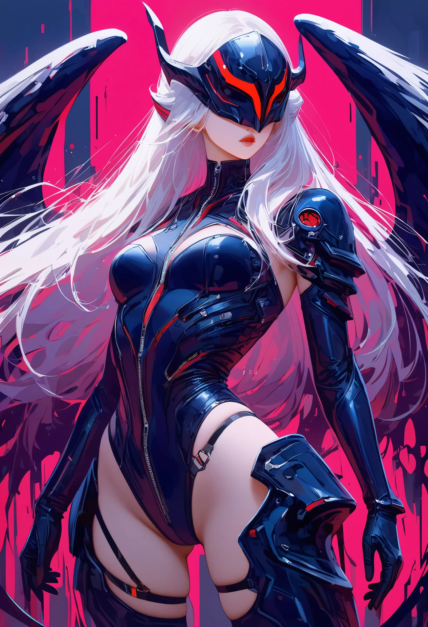masterpiece， best quality， 8k， number， 1 girl， alone， stand up， youth， white hair， long white hair， hair accessories， Red eyes， round pupils， Emotionless expression， Bloodstained mechanical parts， electric wire， cable， failure effect， scary， Science fiction， futuristic， The background is darker inside， neon lights， Cyberpunk characters， surreal， strange， Disturbing， spine-chilling， scary， One-piece Pants，Red eyes，Venom Possession，blackened，Long black gloves，Rompers，Tight latex jumpsuit，Highlight her graceful figure,Wrap your whole body and stand up，symbiont，（（Raised sexy）），One-piece Pants，Red eyes，Venom Possession，blackened，Long black gloves，Rompers，Black latex clothing，Blood-Red eyes，best quality, High resolution, super detailed, Vivid texture, mask, Tight latex jumpsuit, bangs,purple hair, Blue eyes