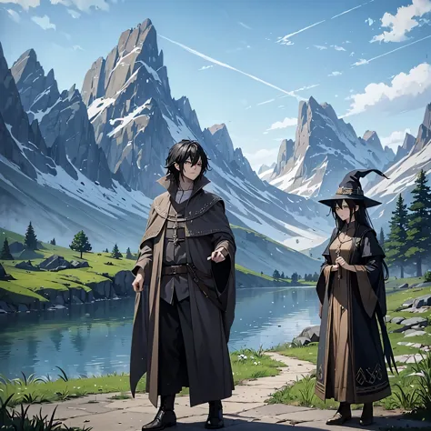 a man together with his wife wearing a wizard's tunic, hair black, with a wizard's hat, walking along a medieval style road, wit...