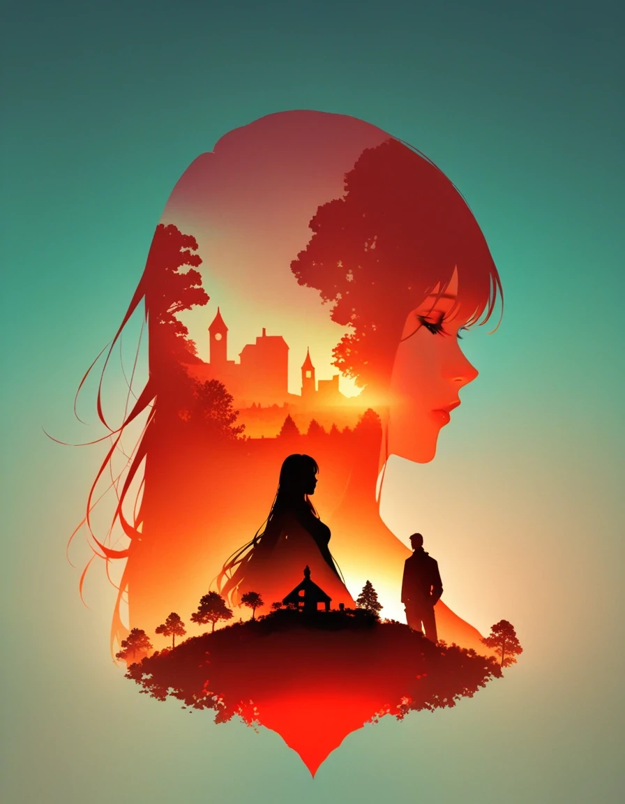 minimalist composition，Red sun，&quot;The movie Gone with the Wind&quot; main character&#39;s shadow is projected on the ground，girl and handsome guy，double exposure，blue，Orange，Epic graphics，express love for the land