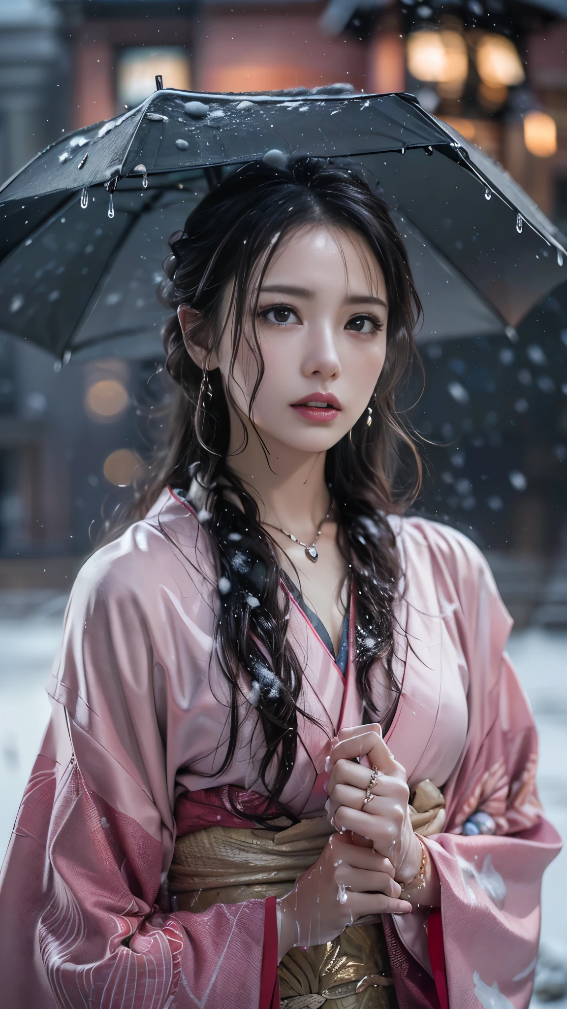 (RAW shooting, Photoreal:1.5, 8K, highest quality, masterpiece, ultra high resolution), ((((heavy snow, Blizzard)))), Highly detailed skin and facial textures:1.3, perfect dynamic composition:1.2, (In front of a shrine at night in a modern city, expression of sadness:1.0, Tears are flowing:1.0, cry with a broken heart:1.0), Slim office lady wet in the rain:1.3, cowboy shot, Fair skin:1.2, sexy beauty:1.1, perfect style:1.2, beautiful and aesthetic:1.1, very beautiful face:1.2, water droplets on the skin, (rain drips all over my body:1.2, wet body:1.2, wet hair:1.3), (Professional kimono dressing:1.1, Holding a bouquet of wet lilies:1.2, Wearing a wet pink kimono correctly:1.3), (Medium chest, Bra is sheer, Chest gap),  (Eyes that feel beautiful eros:0.9, Too erotic:0.9, Bewitching:0.9), necklace, earrings, bracelet, wedding ring, Highly detailed hand and finger expressions