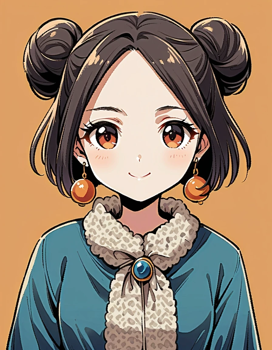 Flat illustration style playful and cool Chinese girl with black ancient bun hairstyle, wearing gentle blue jacket, earrings, smiling face, white skin, short hair, beige background, 