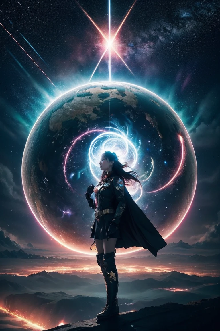 (独自的) inconceivable and spectacular an emergency scene of a cloud figure Sophie Turner in a 宇宙的 cloud, 分形星云链, 宇宙的, 无效的, 宇宙的, 充满活力和生机, 旋风, 纺纱, 不切实际, 高对比度, 象征意义, 魔法, 神秘的な, 神秘, 超现实主义, 过饱和, 丰富多彩的, 8千、身着作战服的女人、明星靴子、手上的激光束