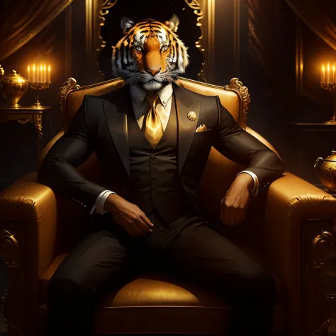Under the elegant glow of the evening party lights, a tiger clad in a black vest sits upon a golden leather chair, posing for a ...