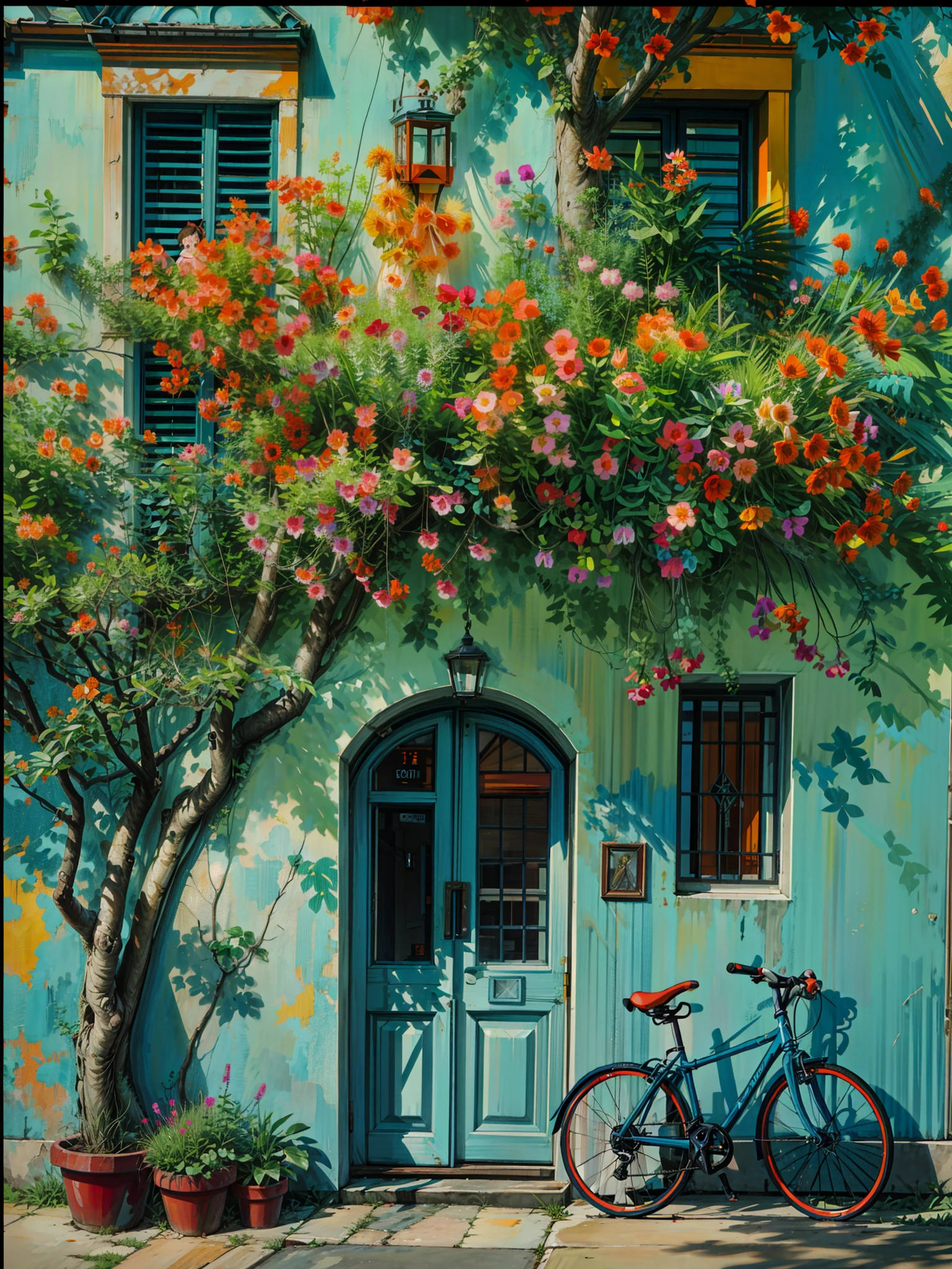 Painting of a bicycle parked in front of a green building, orange and teal, orange and turquoise, orange and teal color, teal and orange, turquoise and orange, teal orange color palette, teal and orange colours, teal and orange colour palette, cyan and orange, teal and orange colors, teal orange, orange flowers, teal orange color scheme, 4k hd,, beautiful art uhd 4 k, a beautiful artwork illustration, beautiful digital painting, highly detailed digital painting, beautiful digital artwork, detailed painting 4 k, very detailed digital painting, rich picturesque colors, gorgeous digital painting