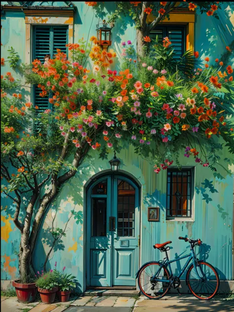 Painting of a bicycle parked in front of a green building, orange and teal, orange and turquoise, orange and teal color, teal an...