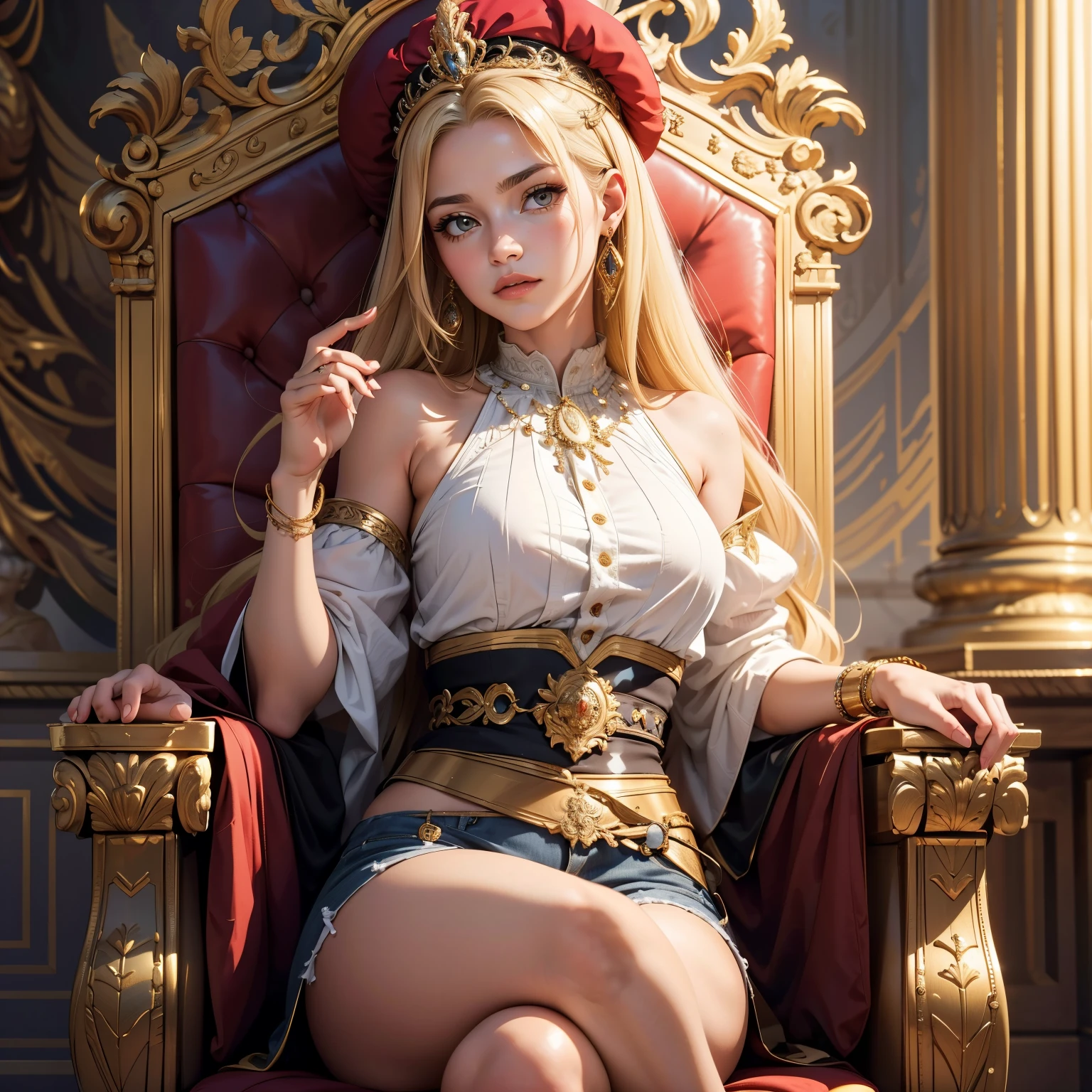 In a majestic palace with Greek columns and gilded adornments, A blonde woman is sitting on an imposing throne. Your hair is elegantly stuck, e ela veste shorts jeans combinados com uma camisa preta, trazendo um toque de modernidade ao ambiente luxuoso.

A mulher olha ao redor, Appreciating the grandeur of the palace. She looks comfortable and confident on her throne, uma figura de autoridade. Near you, o brilho do ouro reflete o poder e a riqueza do lugar.

Enquanto sentada ali, She reflects on her responsibilities as ruler of this magnificent kingdom, a position she won with wisdom and determination. Her serious and determined look shows that she is ready to face any challenge that lies ahead..

The subjects of the kingdom admire and respect her, Knowing that she is a fair and dedicated leader. A cena retrata uma mulher forte e corajosa, whose presence fills the palace with an aura of power and elegance.