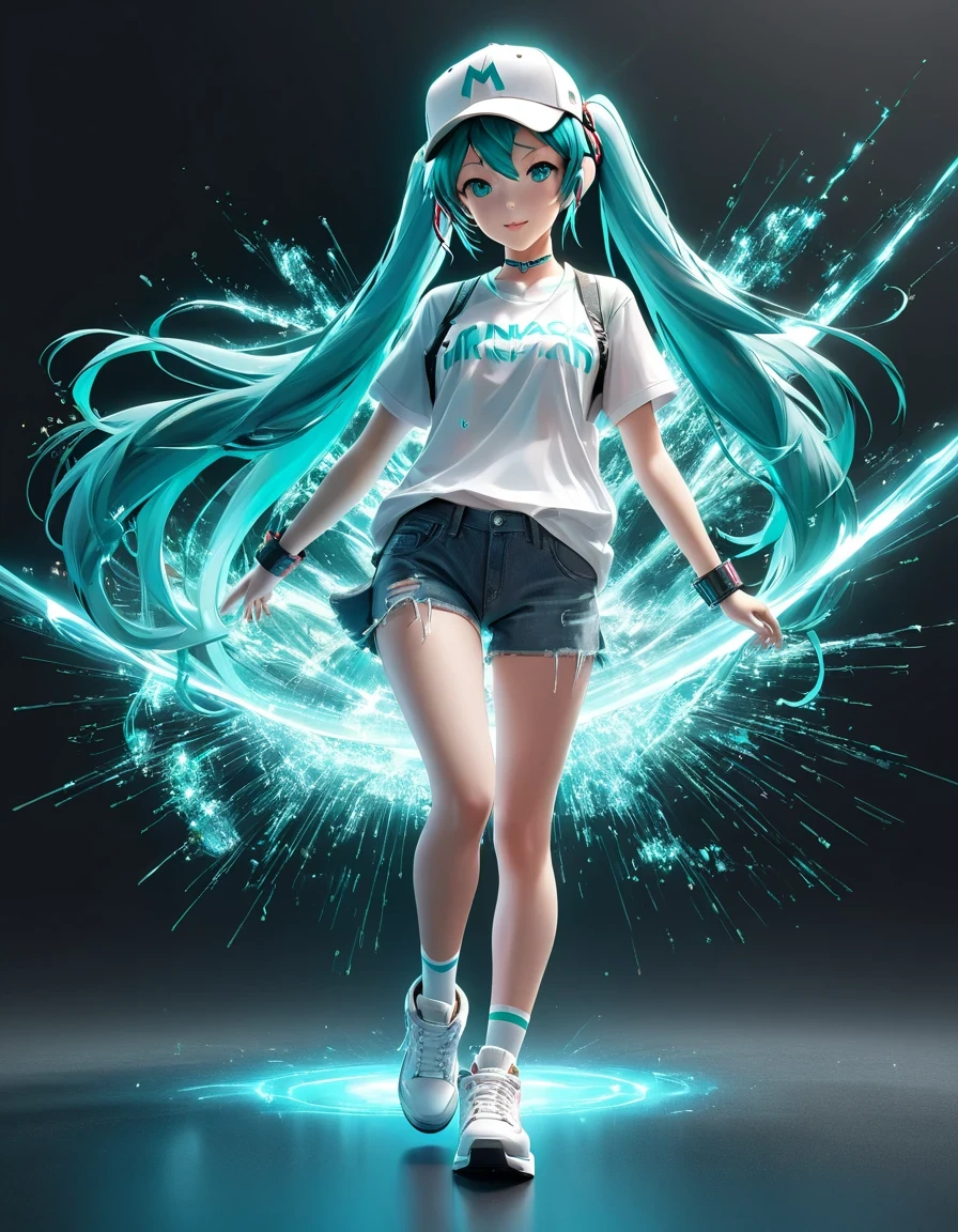 (Transparent hip-hop Hatsune Miku、：0.65), （Hip-hop costumes）Transparent ray tracing，hip-hop poss，baseball cap，Denim ripped pants。White shirt，surreal, Visual exaggeration, Nano punk,atom punck, assemble ,circuit,light painting,♒︎,Pisces, ♓︎,Unreal Engine,octane rendering,V-ray,high detail ,super quality,High resolution,Surrealism,16K,super wide angle,satellite view,bioluminescence,black background