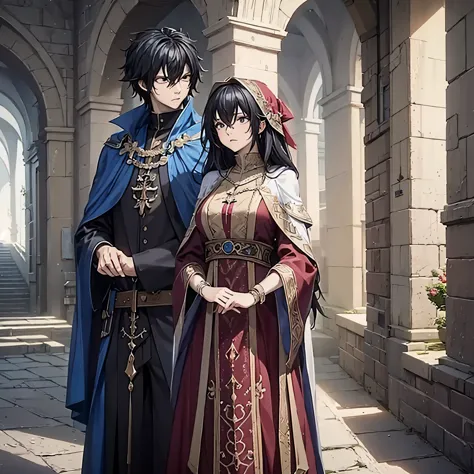 a man together with his wife wearing a wizard's tunic,very detailed, masterpiece, high quality, ultra resolution, 4k hd.