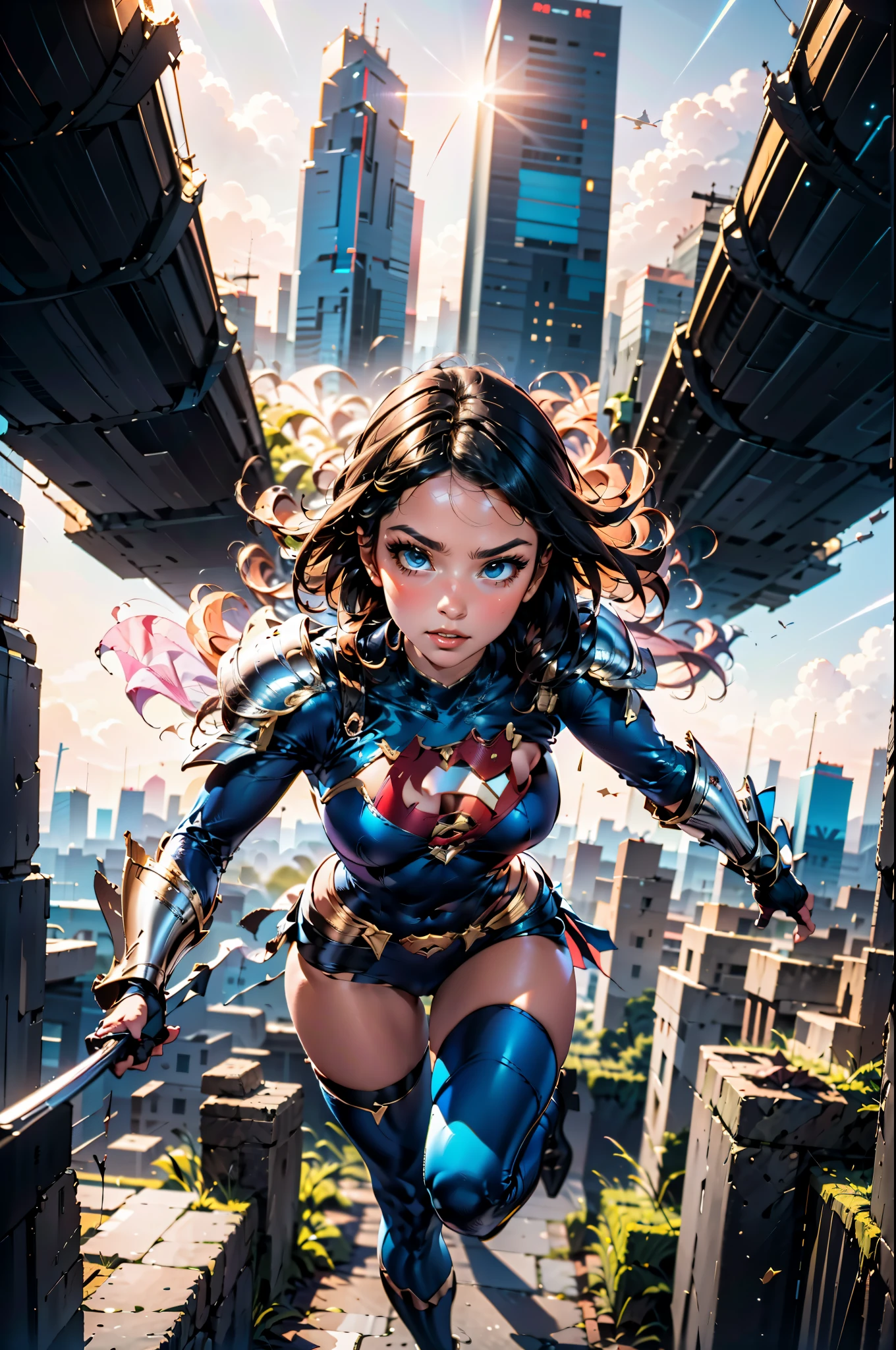DC 漫画中的 Power girl 身穿优雅的白色彩虹盔甲，飞过未来城市中 4000 英尺高的摩天大楼中间