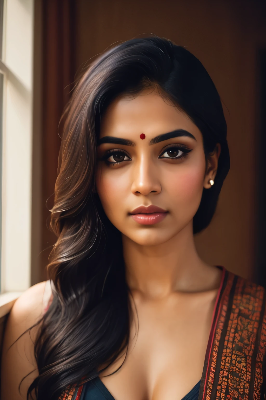 Photo of a modern Indian woman of Indian origin, raw, Selfie, (Intense gaze, looking into the camera), approachable, charming, eye-catching pose, Instagram style, fashionable dressing style, (Soft, natural light), lifestyle photos, (Curvaceous, plump figure), ((Best Quality, 8k, Masterpiece: 1.3)), (Ultra-detailed), (Sharp Focus), Professional Photography, Shot on a Canon EOS R5, 50mm Lens, F/2.8, (HDR), (Wallpaper), (Cinematic lighting), (Dramatic Lighting), (Intricate), (Realistic Detail), Raw Photo, Posing for Camera, (High Quality), Trending on
