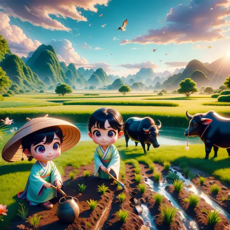 (((spring morning)))，a cute little chinese boy，dressed in light-colored hanfu，planting vegetables with a hoe，a black cow eats gr...