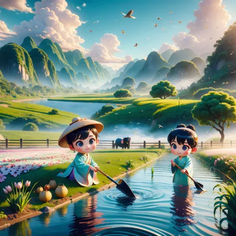 (((spring morning)))，a cute little chinese boy，dressed in light-colored hanfu，planting vegetables with a hoe，a black cow eats gr...