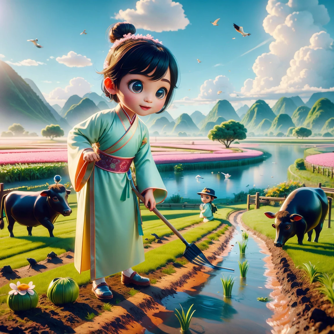 (((Spring Morning)))，A cute little Chinese boy，Dressed in light-colored Hanfu，Planting vegetables with a hoe，A black cow eats grass，From Bubble Mart。she is in the fields，distant river、grassland，There are mountains in the distance，birds circling in the sky，With green onions。Disney-Pixar-style characters，big watery eyes，bright colors。Ray tracing、Octane refining technology，Wide-angle view，clay material，animated lights。3D production，Use C4D、Overclocked rendering