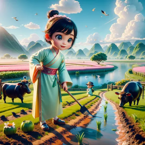 (((spring morning)))，a cute little chinese boy，dressed in light-colored hanfu，planting vegetables with a hoe，a black cow eats gr...