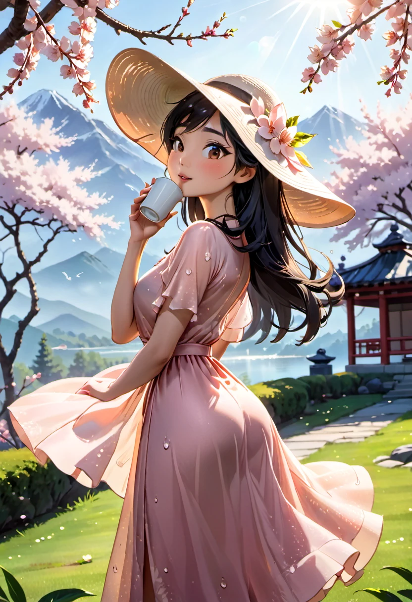 (best quality,4k,8k,highres,masterpiece:1.2),ultra-detailed,(realistic,photorealistic,photo-realistic:1.37),A lanky Asian woman in a (peach translucent summer dress, wide brimmed hat, sunglasses),is drinking her coffee while watching sunrise, spring morning, cherry blossoms,gleaming dew drops,gentle breeze,rays of sunlight filtering through the branches,soft pink petals swirling in the air,natural beauty,serene atmosphere,conscious expression,peaceful ambiance,delicate flowers,intimate connection with nature,tranquil setting,distant mountains,pure serenity,beautiful contrast between the vibrant colors and the calm surroundings,endless horizon,quiet serenade of birds chirping,muted colors,subtle shade of sunlight,ethereal silhouette,dappled light,morning mist,evoking a sense of tranquility,Film Noir touch,exquisite detailing in facial features,fine lines and brushstrokes,true-to-life colors and textures,unmistakable sense of serenity,subdued elegance,vivid colors blended harmoniously,softness of nature,picturesque scene,sublime calmness,sophistication,refined craftsmanship,artistic depiction,eyes filled with wonder and contentment