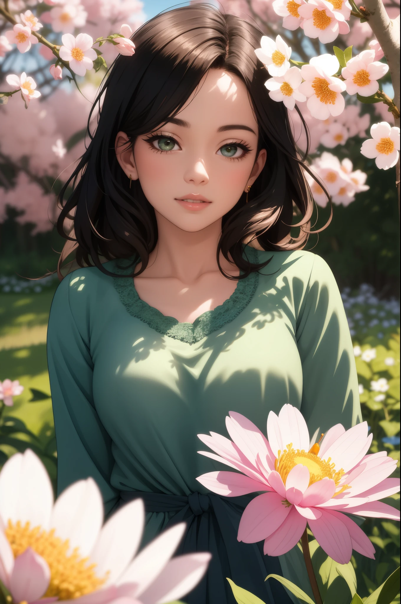 (best quality,4k,8k,highres,masterpiece:1.2),ultra-detailed,(realistic,photorealistic,photo-realistic),portraits,spring morning,garden,beautiful detailed eyes,beautiful detailed lips,extremely detailed eyes and face,long eyelashes,1 girl, looking at viewer,floral dress,bright sunlight,soft pastel colors,blooming flowers,subtle morning mist,serene atmosphere,gentle breeze,dappled shadows on the ground,springtime freshness,delicate petals,prominent morning dew,morning birdsong,colorful butterflies,tranquil setting,nature's awakening,peaceful contemplation,joyful energy,refreshing scent of blossoms,lively vibrant greens,harmonious composition,immaculate details,authentic garden ambience,surrounded by nature, harmonious blend of colors, enchanting moment, embracing the beauty of nature's renewal, fascination with the delicate wonders of spring.