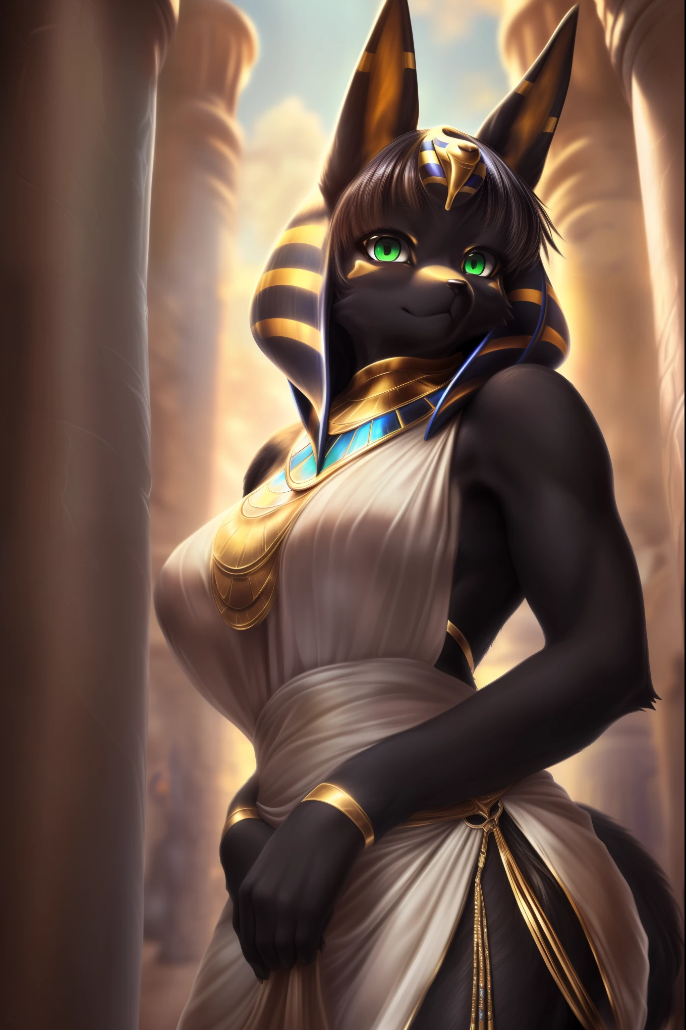 (sfw, 8K, Masterpiece, high resolution, super fine illustration, detailed background:1.5), (cool, boyish:1.5), beautiful, perfect anatomy, (solo, green eyes, short wavy hair, black fur, 1 female Anubis dog kemono:1.65), ancient Egyptian