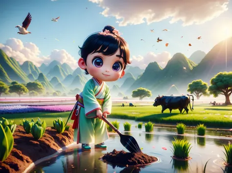 (((spring morning)))，a cute little chinese boy，dressed in light-colored hanfu，planting vegetables with a hoe，a black cow eats gr...