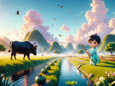 (((spring morning)))，a cute little chinese boy，dressed in light-colored hanfu，planting vegetables with a hoe，a black cow eats gr...