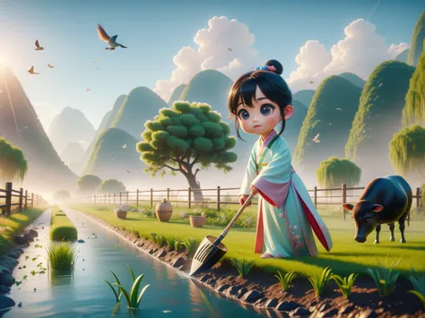 (((spring morning)))，a cute little chinese boy，dressed in light-colored hanfu，planting vegetables with a hoe，a black cow eats gr...