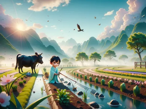 (((spring morning)))，a cute little chinese boy，dressed in light-colored hanfu，planting vegetables with a hoe，a black cow eats gr...