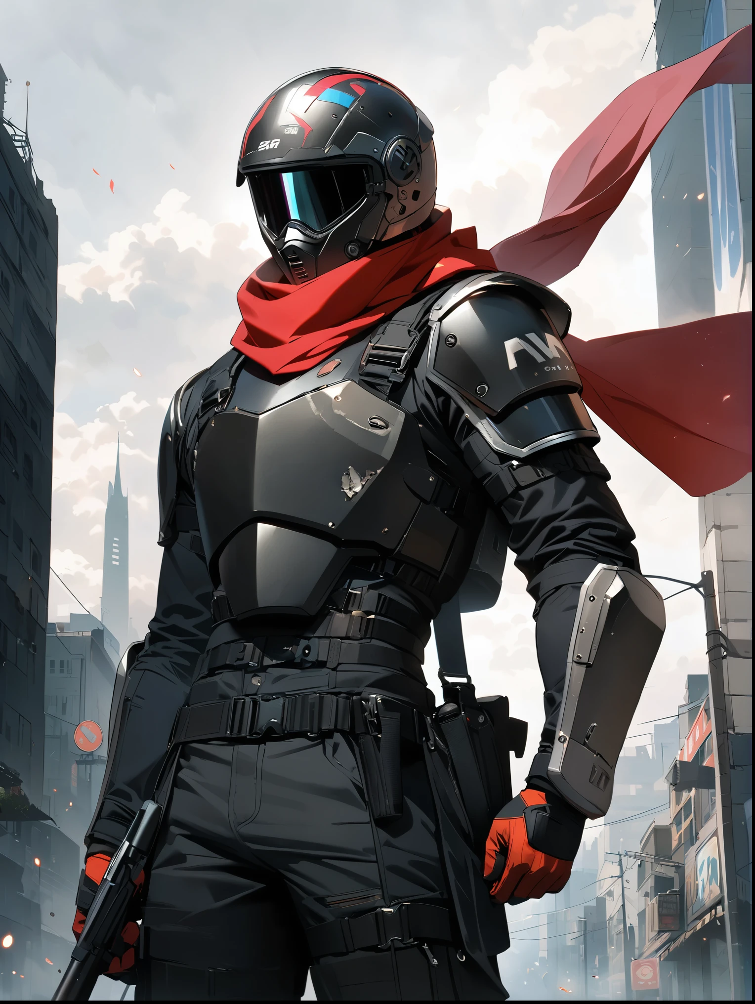 8K resolution, ((highest quality)), ((masterpiece)), ((super detailed)), (very delicate and beautiful), an adult male, Black Full Face Helmet, motorcycle helmet, black bodyarmor,A battered red scarf is fluttering,heroism, hero, a city area, a cool pose, Equipped with a holster at the waist, have small scratches and stains all over one's body, the streets, a ruined city, whole body