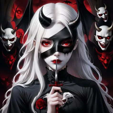 （Holding a mask in hand：1.5），（White-haired ghost wearing an eyepatch，straight hair，red eyes），（gothic art），（The devil is behind h...