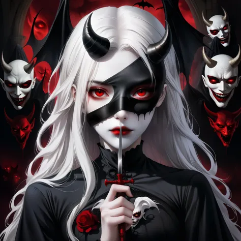 （holding a mask in hand：1.5），（white-haired ghost wearing an eyepatch，straight hair，red eyes），（gothic art），（the devil is behind h...