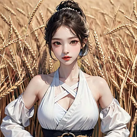 korean woman, (masterpiece, beautiful person, ),  there is farming in the countryside., (there is (cut wheat: 1.4)), fertilize, ...