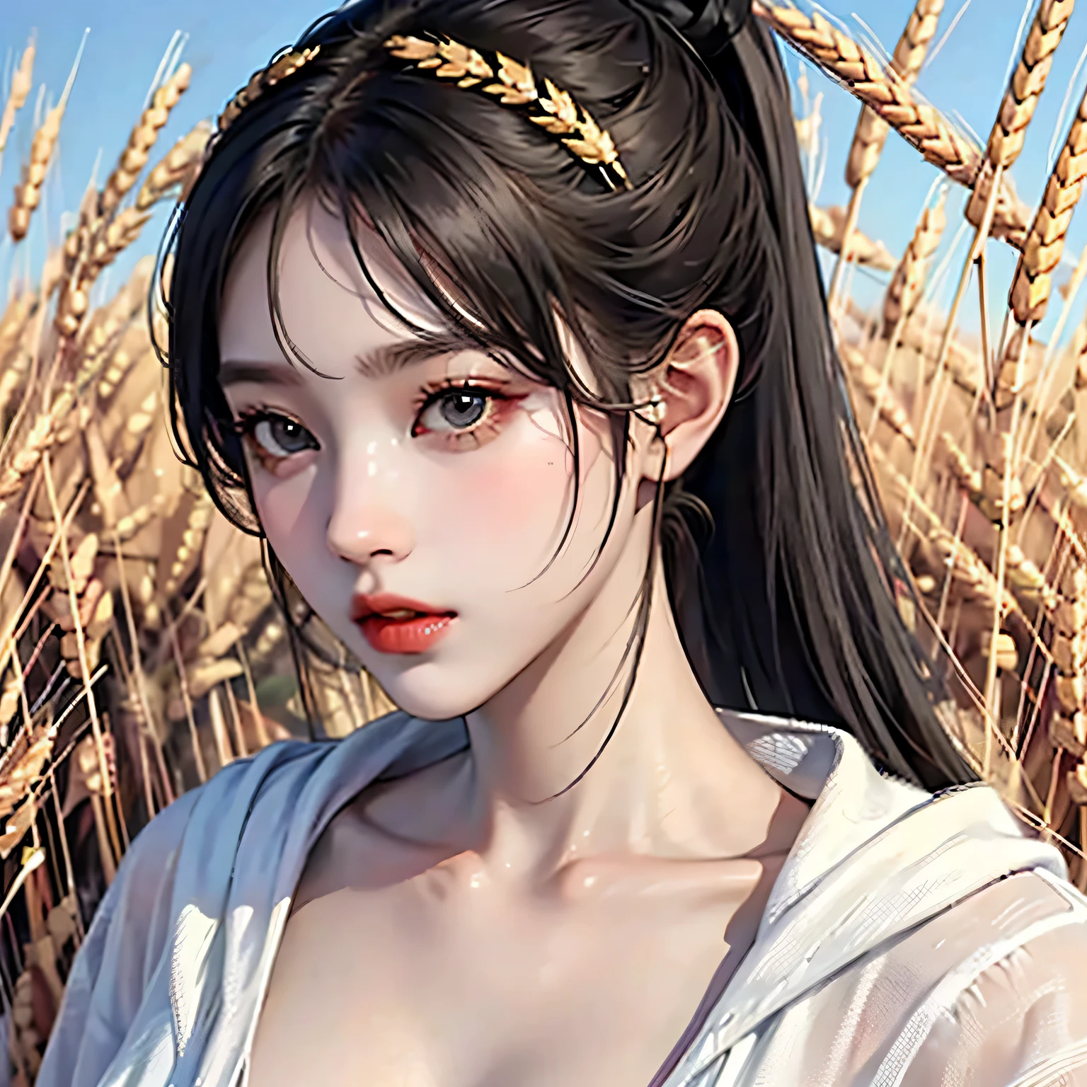 korean woman, (masterpiece, Beautiful person, ),  There is farming in the countryside., (There is (cut wheat: 1.4)), fertilize, weeding, simple face, no makeup, country girl, ponytail, detailed skin texture, fine cloth texture, fine and detailed face. masterpiece, slim waist, Because I&#39;m slender, big breasts,gray hair,