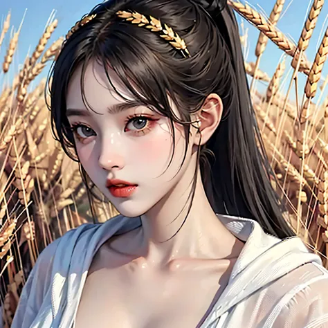 korean woman, (masterpiece, beautiful person, ),  there is farming in the countryside., (there is (cut wheat: 1.4)), fertilize, ...