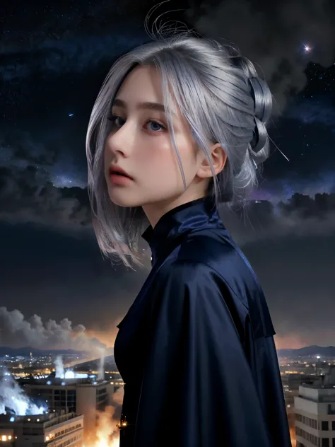 (4k), (highest quality), (best details)（surrealistic）,french beautiful girl、silver hair、blue eyes、prayer、midnight、a huge galaxy ...