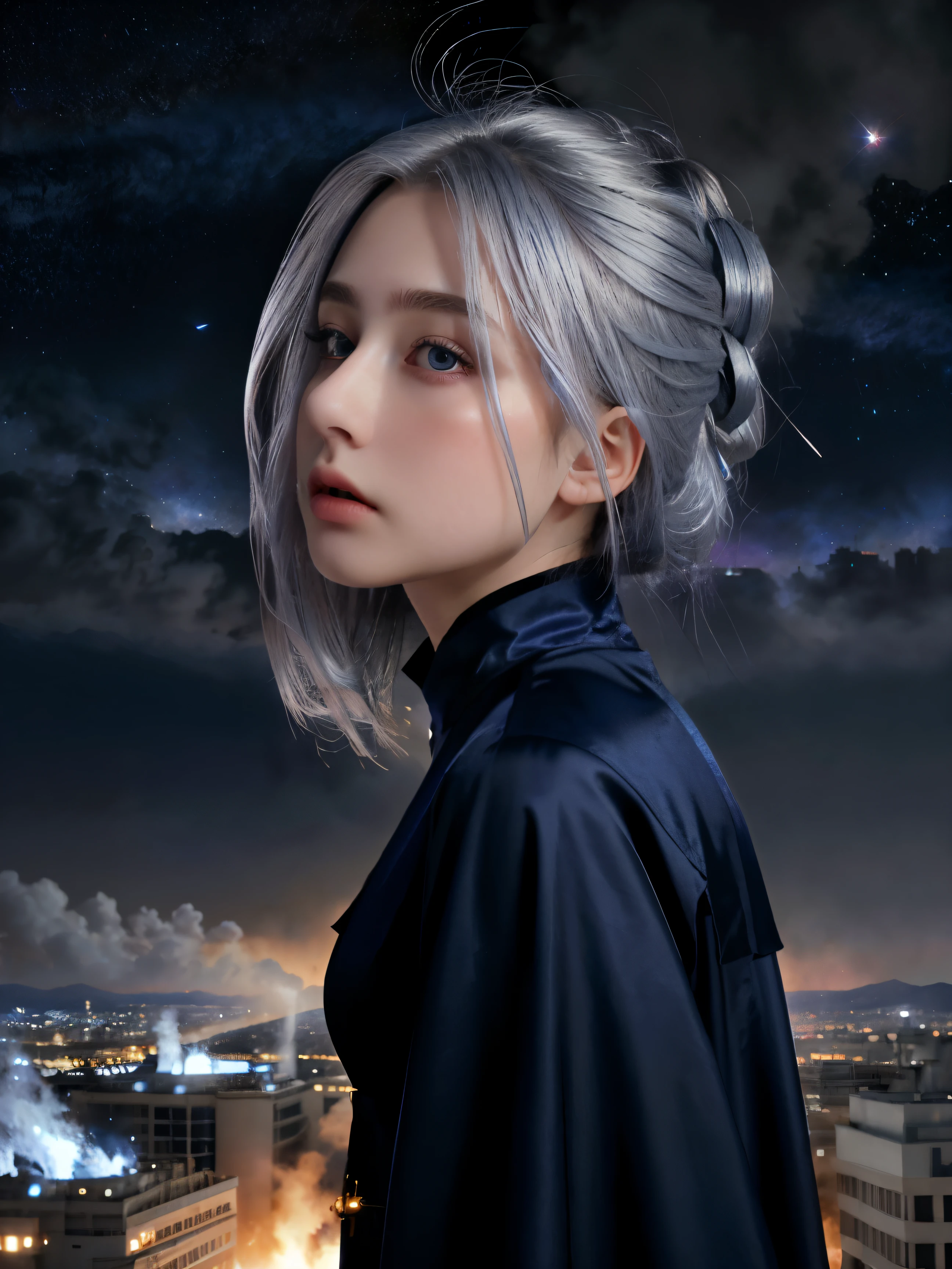 (4k), (highest quality), (best details)（surrealistic）,French Beautiful Girl、silver hair、blue eyes、prayer、midnight、A huge galaxy floats in the sky、Nuclear power plant、Big fire、wearing a navy blue cassock、hell、profile