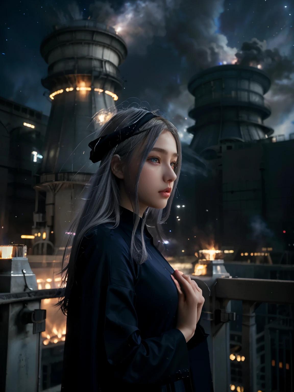 (4k), (highest quality), (best details)（surrealistic）,French Beautiful Girl、silver hair、blue eyes、prayer、midnight、A huge galaxy floats in the sky、Nuclear power plant、Big fire、wearing a navy blue cassock、hell、profile