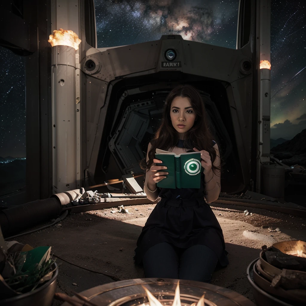 Green Lantern sitting on a research platform floating in the middle of the asteroid belt. she studies with a notebook, surrounded by several asteroids glowing with a fiery aura. Dramatic lighting from distant stars and planets illuminates the scene, casting deep shadows on the costume. The young woman looks confident and determined, looking at the vast and mysterious universe with wonder and respect, facial hair, cowboy shot,