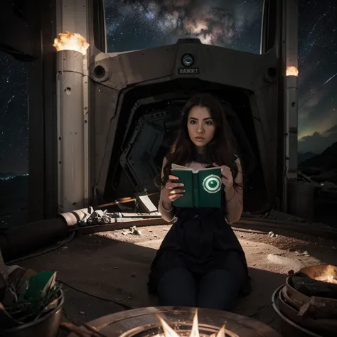 Green Lantern sitting on a research platform floating in the middle of the asteroid belt. she studies with a notebook, surrounde...