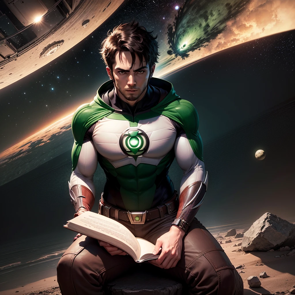 Green Lantern sitting on a research platform floating in the middle of the asteroid belt. He studies with a notebook, surrounded by several asteroids glowing with a fiery aura. Dramatic lighting from distant stars and planets illuminates the scene, casting deep shadows on the costume. The young man looks confident and determined, looking at the vast and mysterious universe with wonder and respect, facial hair, cowboy shot,