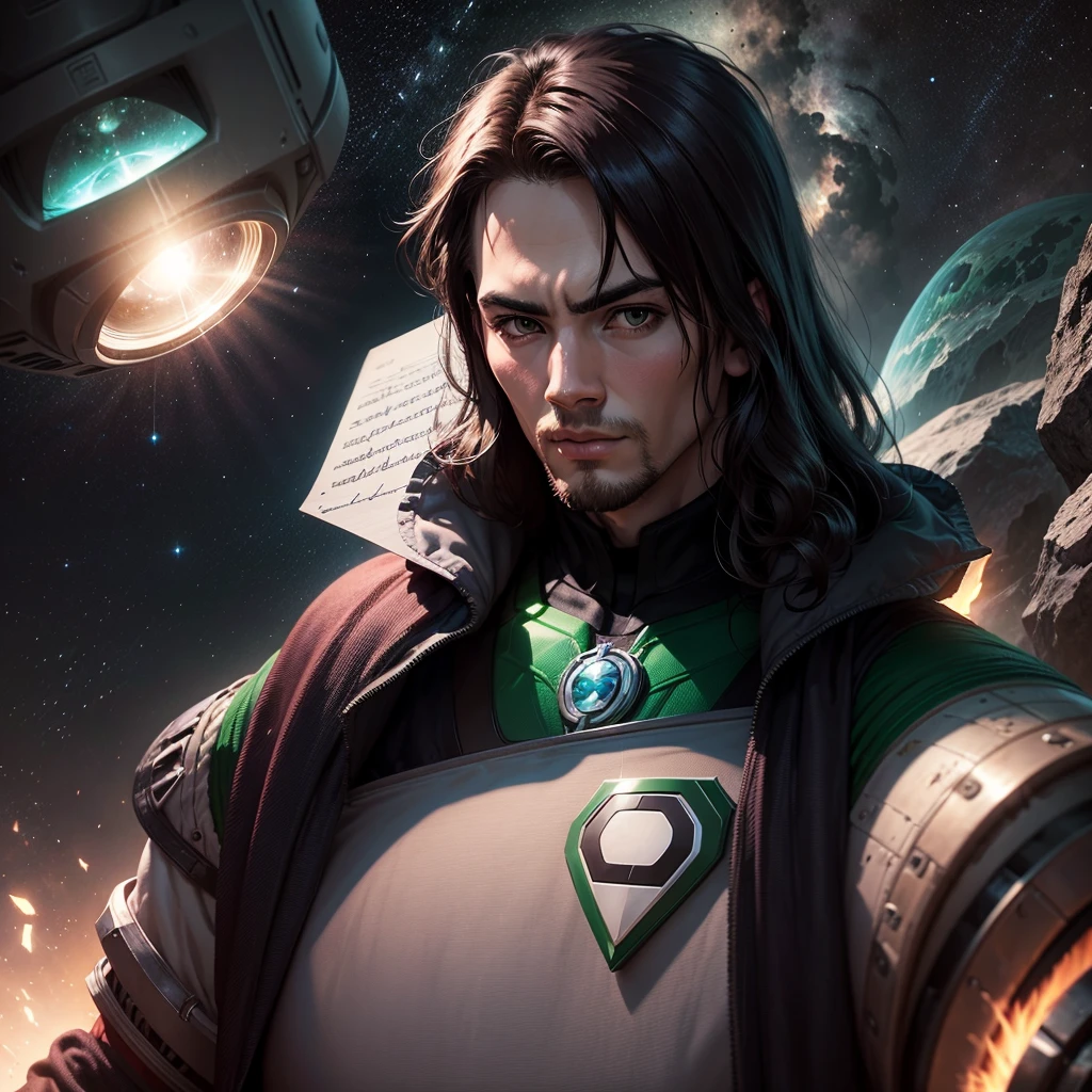 Green Lantern sitting on a research platform floating in the middle of the asteroid belt. He studies with a notebook, surrounded by several asteroids glowing with a fiery aura. Dramatic lighting from distant stars and planets illuminates the scene, casting deep shadows on the costume. The young man looks confident and determined, looking at the vast and mysterious universe with wonder and respect, facial hair, cowboy shot,