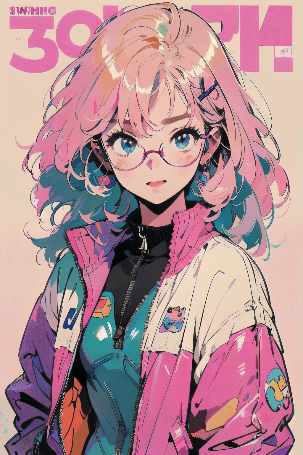 pink hair, shiny hair, Pink and light blue eyes, pink eyelashes, Beautiful Girls in Anime ,clean small surfaces,  (magazine cover:1), ((From before:1.3))、((Glasses)), (Lots of stickers:1.5), 1 cute girl, highest quality、ウルトラ - High resolution、High resolution、Detailed CG、8k unit wallpaper、17 years old、fine and beautiful eyes,  (((Different types of colorful super shiny latex swimsuits)))、(shiny body,:1.5)、((Mr.々street fashion、oversized zip-up blouson、long socks、tech sneakers))、Breast augmentation、blush, full of embarrassment、(Ahegao:1.5, stick out tongue), ((portrait))