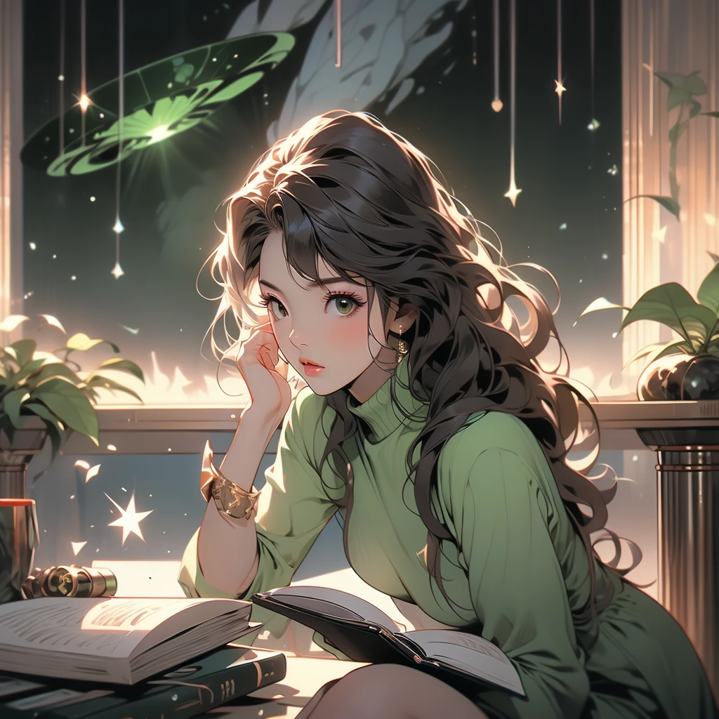 Hitomi Tanaka, Green Lantern assise sur une plateforme de recherche flottant au milieu de la ceinture d&#39;astéroïdes. elle étudie avec un cahier, entouré de plusieurs astéroïdes brillant d&#39;une aura ardente. Un éclairage spectaculaire provenant d&#39;étoiles et de planètes lointaines illumine la scène, projetant des ombres profondes sur le costume. La jeune femme a l’air confiante et déterminée, regarder l&#39;univers vaste et mystérieux avec émerveillement et respect, Poils, tir de cow-boy,