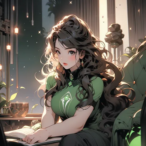 hitomi tanaka, Green Lantern sitting on a research platform floating in the middle of the asteroid belt. she studies with a note...