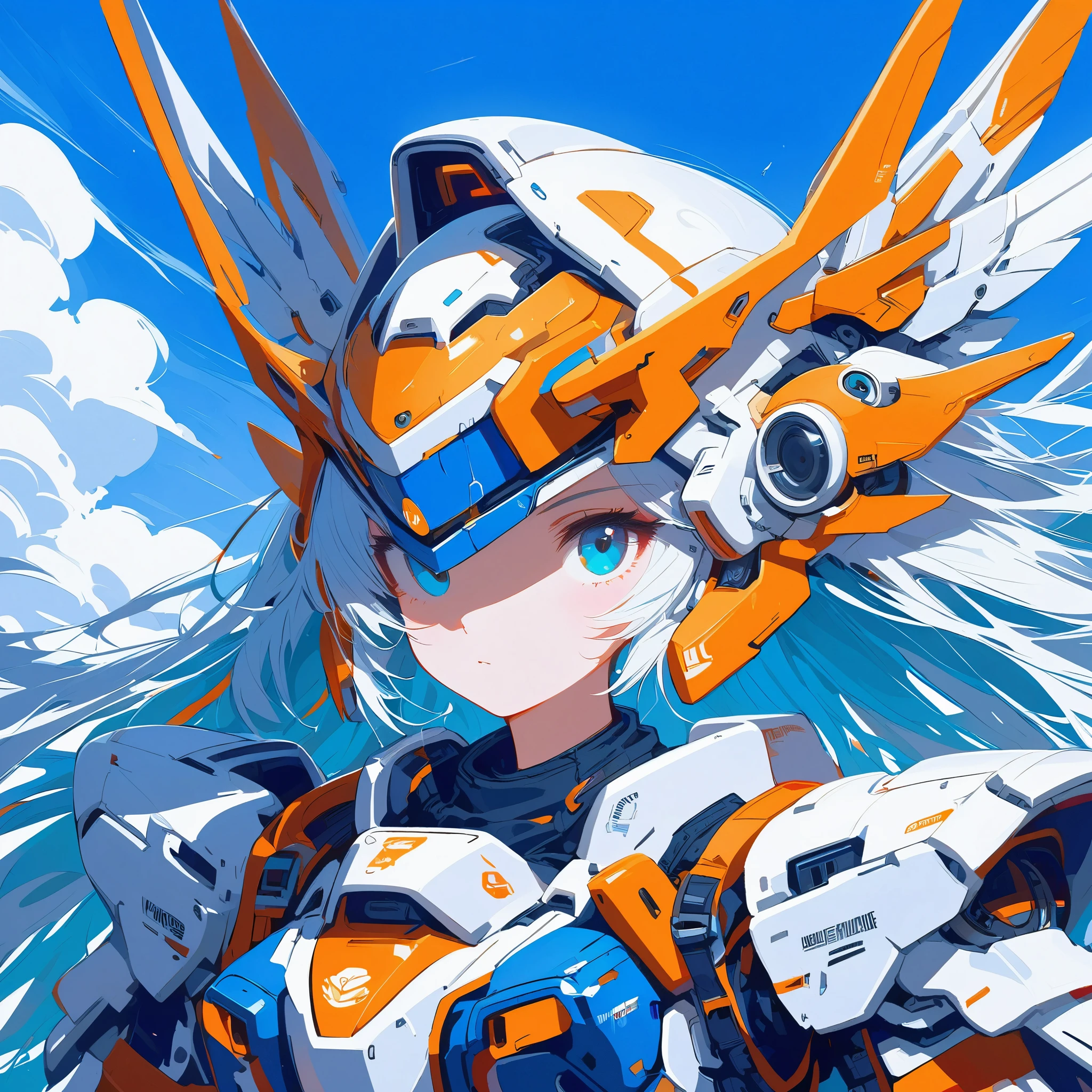 ((целлулоид)),меха musume,a woman in a futuristic outfit is floating in the air с sword in her hand с sky and clouds and blue background with white clouds and blue and orange lines and white,с,Джозеф Стелла,меха,портрет,лучизм,