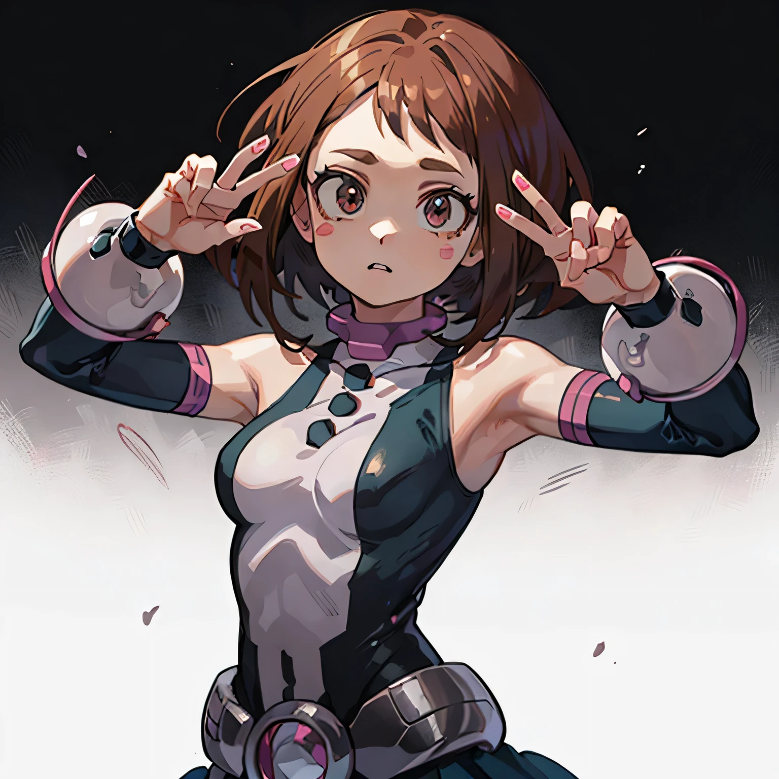 ((Uraraka Ochako)), ​masterpiece, random pose, radom background, minimalist art, detailded, meticulous art, No defects, character focus, detailed cenary, body providing, beautiful  face, Body cute, animated cartoon, arte anime, perfect art, perfectionism, (1girl), (独奏), (((max quality))), (adult  woman),