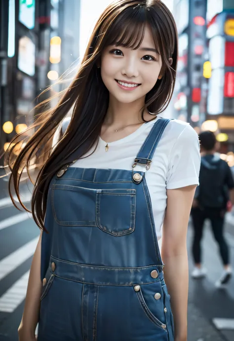 (((City:1.3,outdoor, Photographed from the front))), ((long hair:1.3, overalls,japanese woman, Smile,cute)), (clean, natural mak...