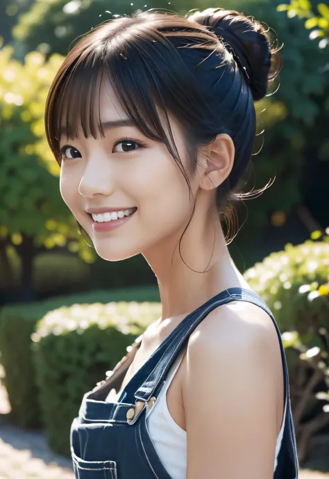 (((garden:1.3,outdoor, Photographed from the front))), ((bun hair:1.3, overalls,black shirt,japanese woman, Smile,cute)), (clean...