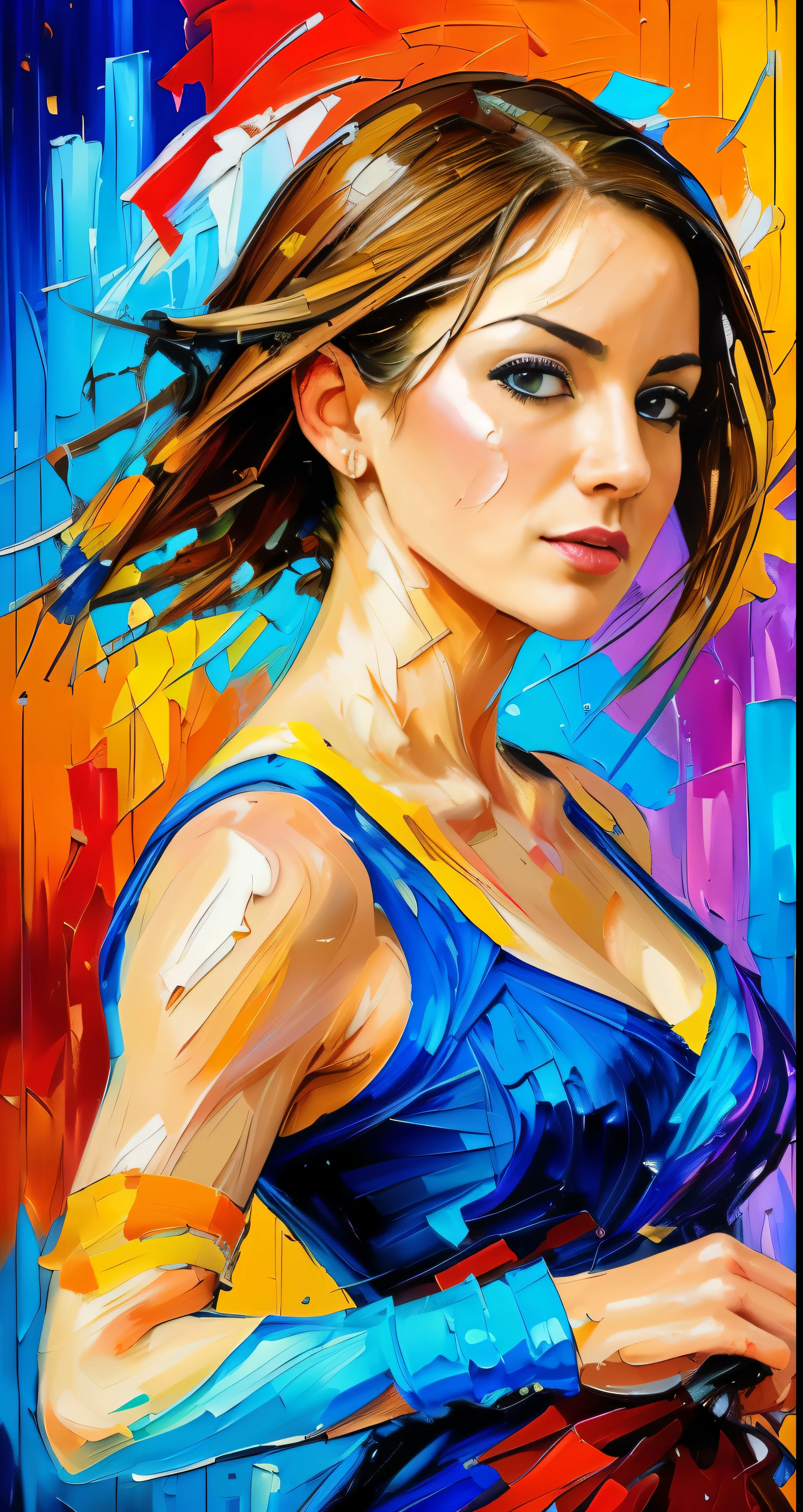 ((Speed Paint) +++ Female portrait, expressive and vibrant, palette knife painting brings the impressionist style to life, brisk brushwork technique captures the essence of the subject, large strokes add texture and depth to the image, the female figure comes alive with bold and dynamic colors, the portrait radiates energy and emotion, a captivating work of art in the impressionist tradition.