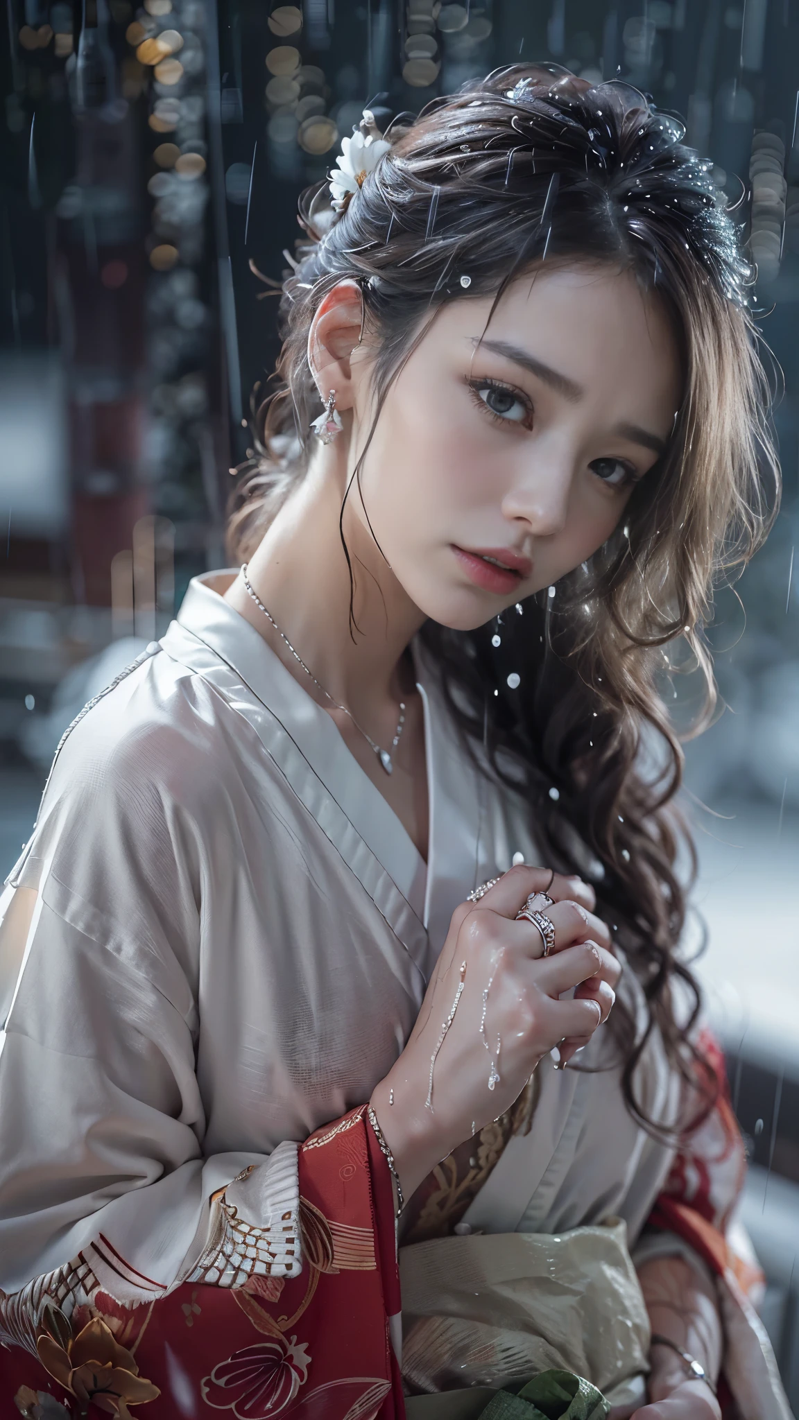(RAW shooting, Photoreal:1.5, 8K, highest quality, masterpiece, ultra high resolution), ((((heavy snow, Blizzard)))), Highly detailed skin and facial textures:1.3, perfect dynamic composition:1.2, (In front of a shrine at night in a modern city, expression of sadness:1.0, Tears are flowing:1.0, cry with a broken heart:1.0), Slim office lady wet in the rain:1.3, cowboy shot, Fair skin:1.2, sexy beauty:1.1, perfect style:1.2, beautiful and aesthetic:1.1, very beautiful face:1.2, water droplets on the skin, (rain drips all over my body:1.2, wet body:1.2, wet hair:1.3), (Professional kimono dressing:1.1, Holding a bouquet of wet lilies:1.2, How to wear a wet pure white kimono properly:1.3), (Medium chest, Bra is sheer, Chest gap),  (Eyes that feel beautiful eros:0.8, Too erotic:0.8, Bewitching:0.8), necklace, earrings, bracelet, wedding ring, Highly detailed hand and finger expressions