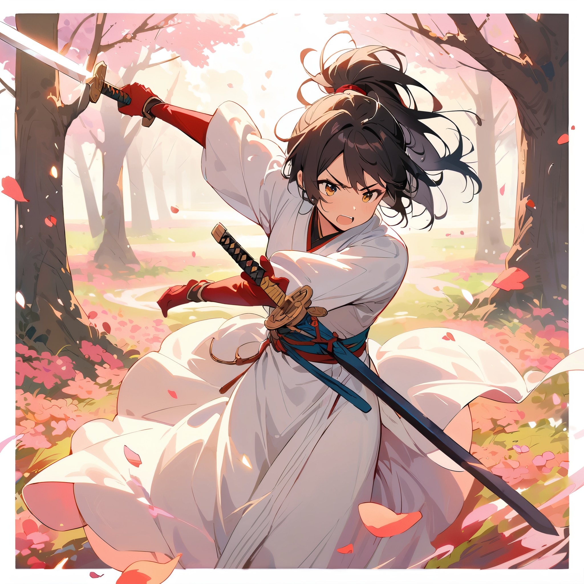 Spring Morning,(spring),(morning),(windy),(blood),(motion blur),(dress in white),Petals fluttering in the wind, shining swords, helpless expression, anger, fighting with death, very detailed expression, very detailed petals,ponytail, 2swordsman fighting,fight,gongfu,stand in trees, 2swordsman stood in a peach tree forest with petals dancing,petals , detailed ,completing the stable diffusion of serenity and contentment,masterpiece, best quality,masterpiece, best quality, swordman,holding a sword(trees:0.5),(eagle:0.5), (bamboo:0.2) fighting stance, 1man, glowing, solo, weapon, sword, tree, holding, gloves, outdoors, sheath, border, holding weapon, black hair, holding sword, fur trim, looking away,look at view