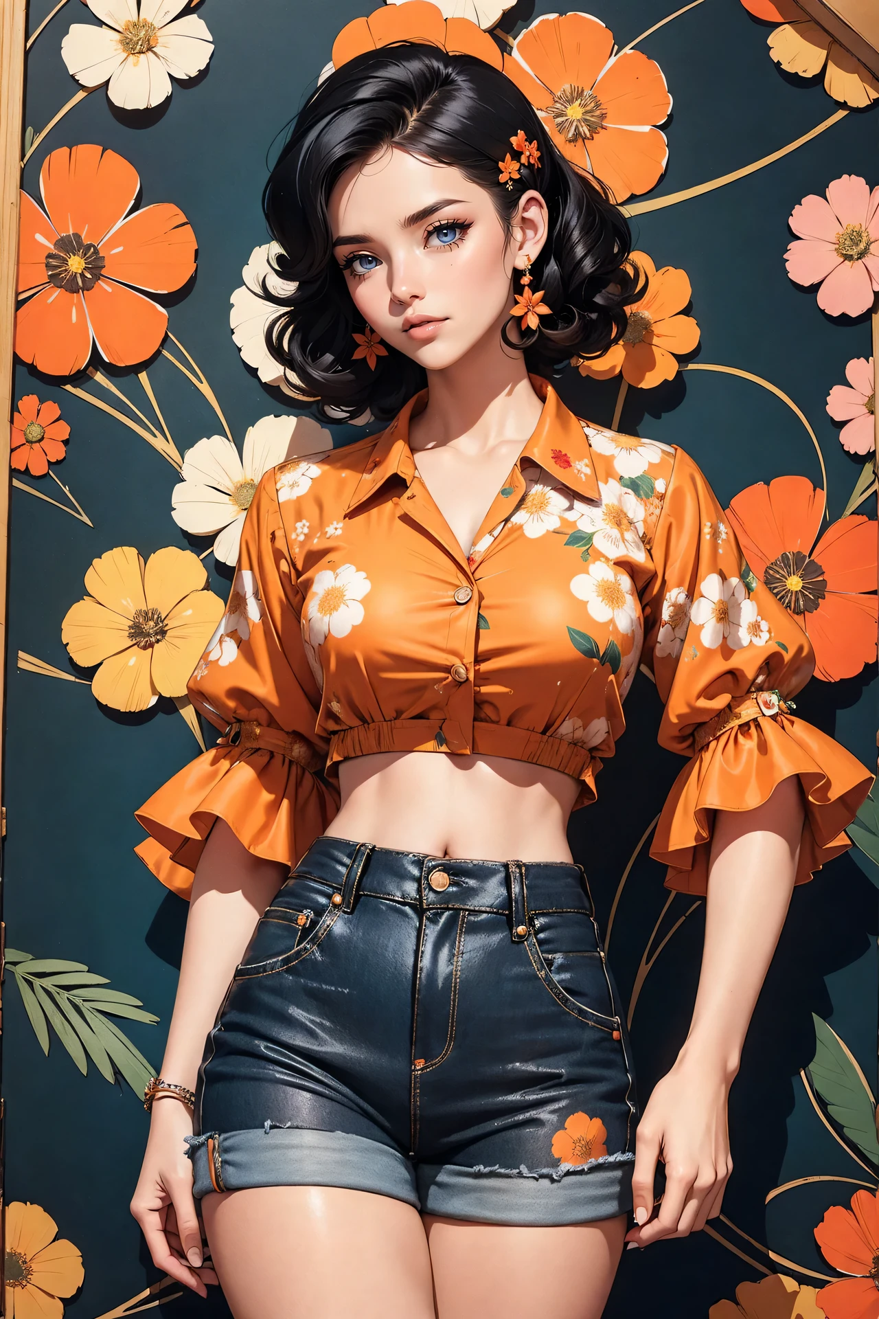 (((Masterpiece))), a top influencer woman, top quality, super detailed, cute and spunky, retro 60's style, fair skin, short curly black hair with flower clips, orange button up crop top transparent floral print sleeves, brown high waist button up shorts, retro party background
