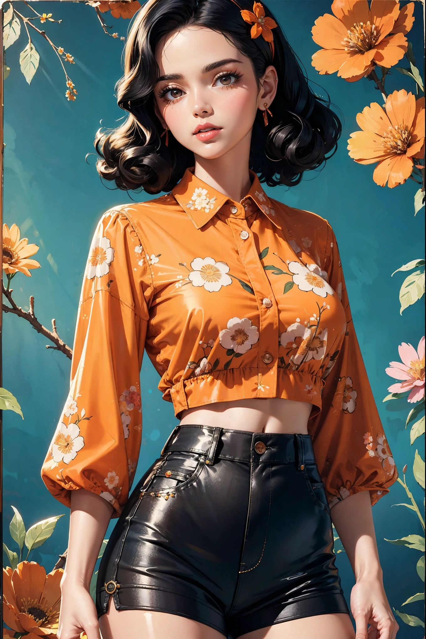 (((傑作))), トップインフルエンサーの女性, 最高品質, 非常に詳細な, キュートでスパンキー, レトロな60年代スタイル, 色白, フラワークリップが付いた短い巻き毛の黒髪, オレンジ色のボタンアップクロップトップ、透明な花柄の袖, 茶色のハイウエストボタンアップショーツ, レトロな背景
